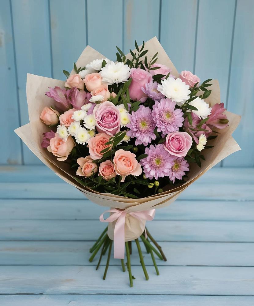 Букет цветов из: Хризантемы, Розы и Альстромерии в Каменке Ленинградская область
