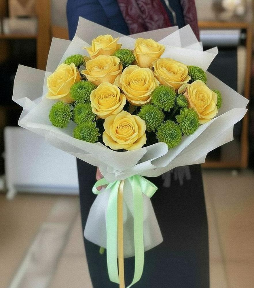 Букет цветов из: Хризантемы и Розы в Каменке Ленинградская область