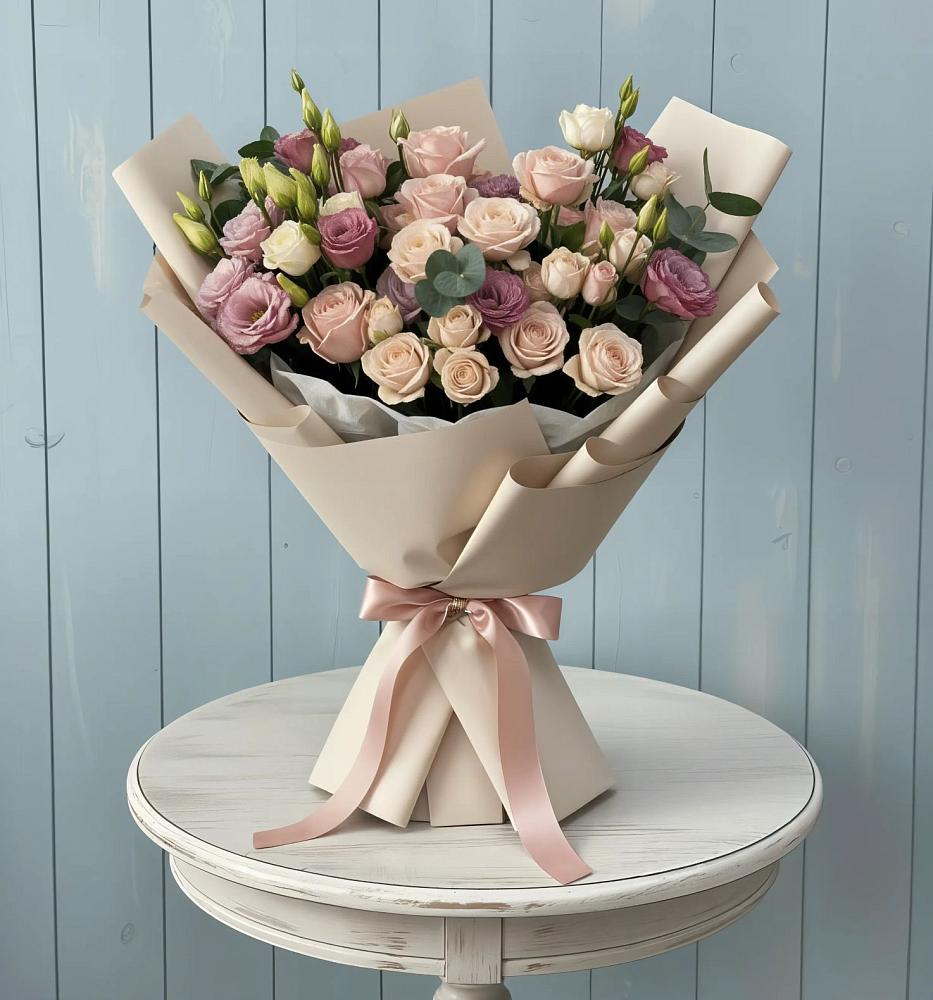 Букет цветов из: Розы и Лизиантусы в Каменке Ленинградская область