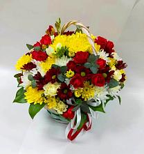 Цветочная композиция из Хризантемы и Розы в корзине #REPLACE_PRED# Каменке Ленинградская область