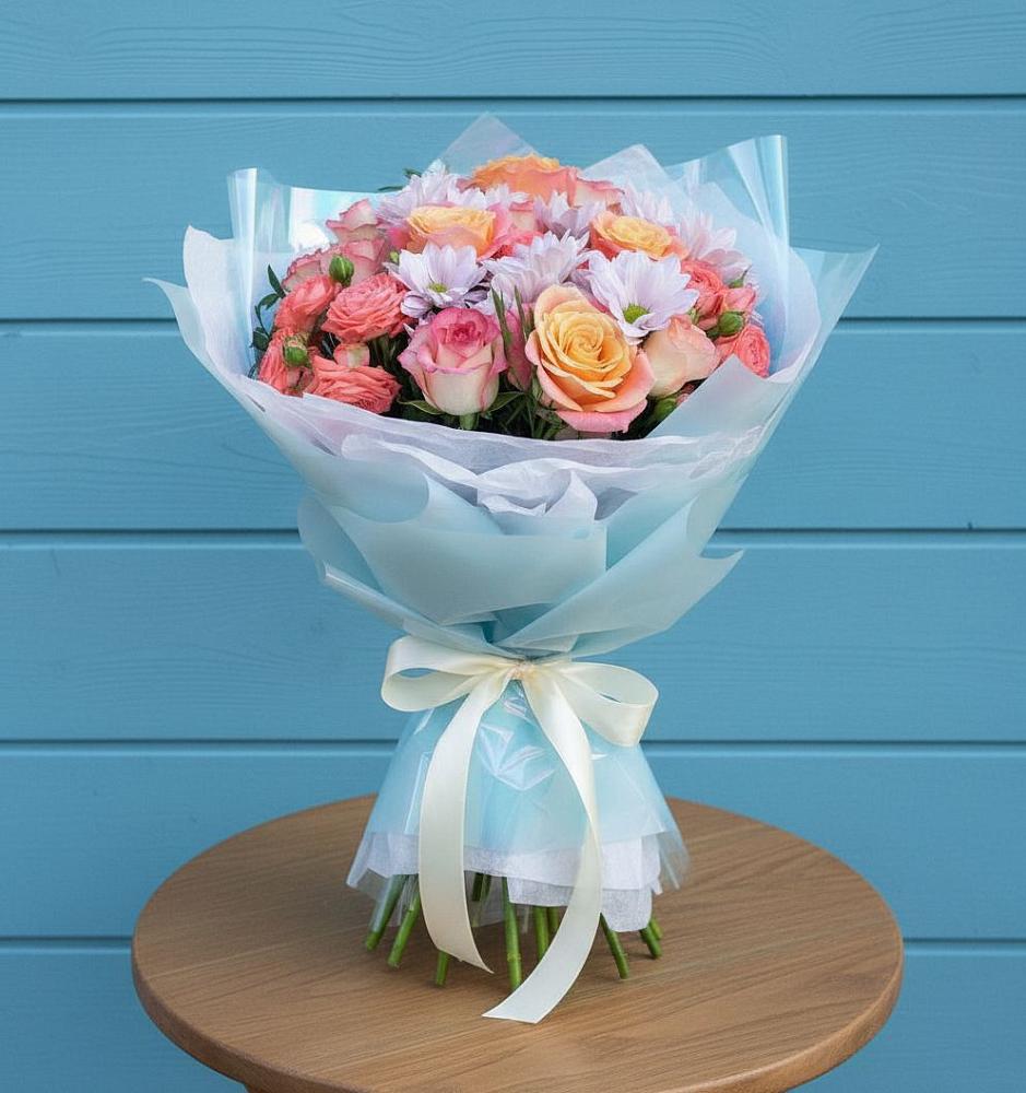 Букет цветов из: Хризантемы и Розы в Каменке Ленинградская область