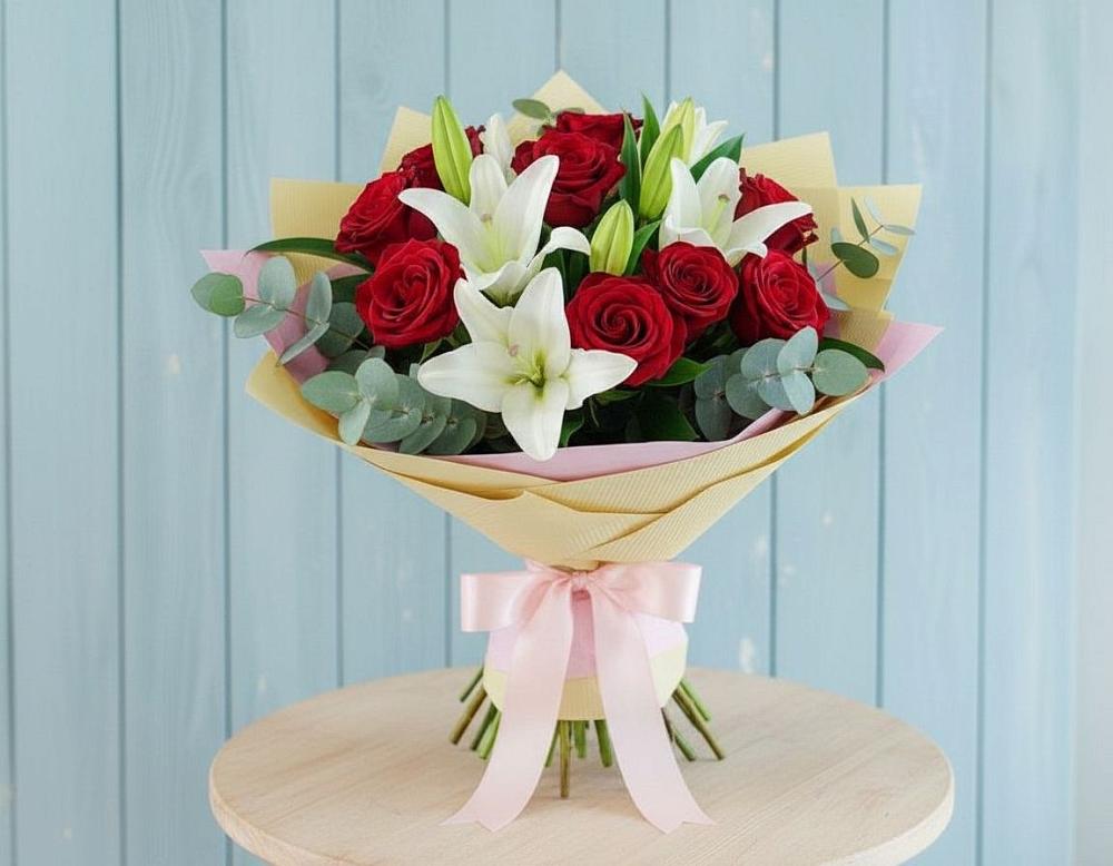 Букет цветов из: Лилии и Розы в Каменке Ленинградская область