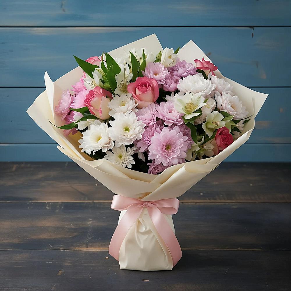 Букет цветов из: Хризантемы, Альстромерии и Розы в Каменке Ленинградская область